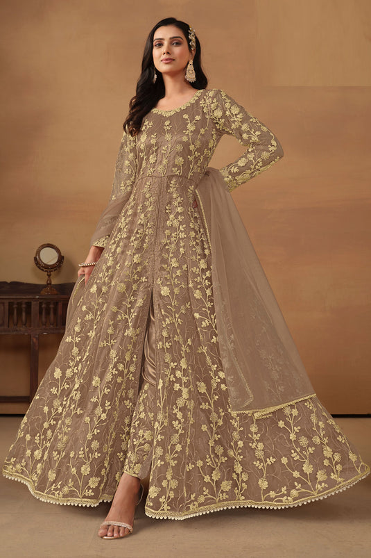 Net Fabric Chikoo Brown Color Embroidered Elegant Anarkali Suit