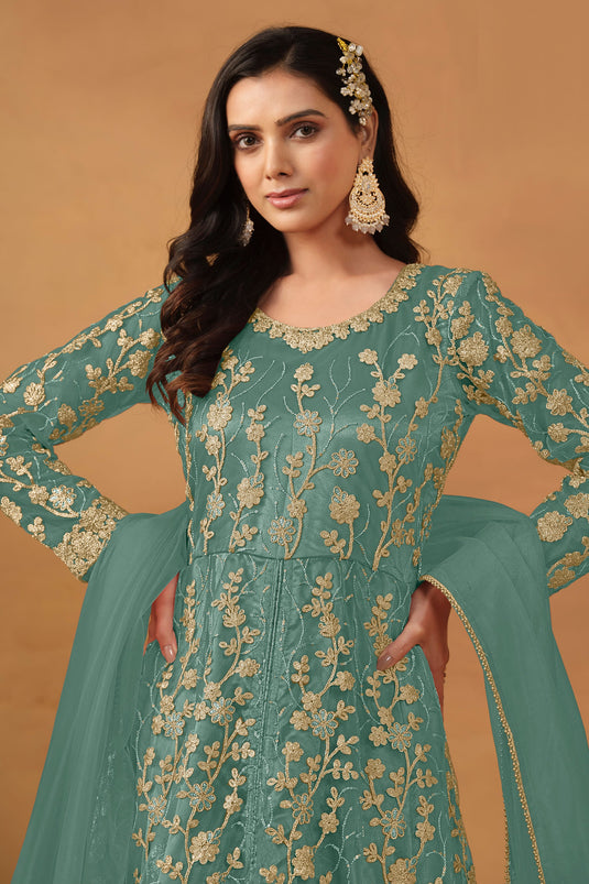 Sea Green Color Net Fabric Embroidered Classic Anarkali Suit