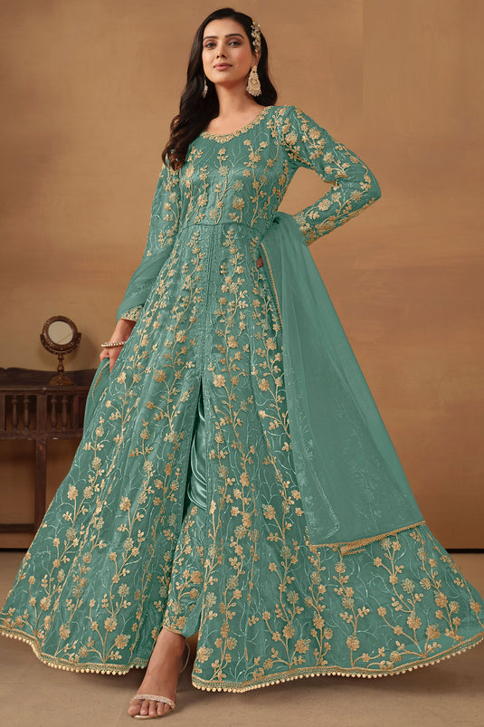 Sea Green Color Net Fabric Embroidered Classic Anarkali Suit