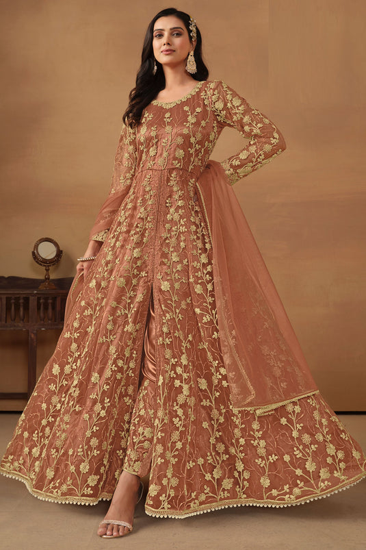 Orange Color Net Fabric Embroidered Vintage Anarkali Suit