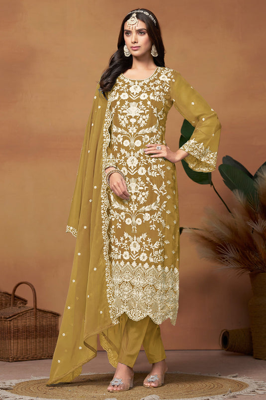 Incredible Organza Fabric Mustard Color Function Wear Salwar Suit