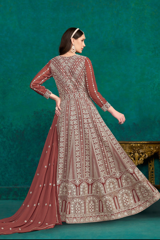 Classic Maroon Color Embroidered Anarkali Suit In Georgette Fabric
