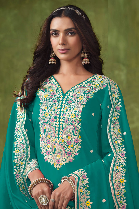 Classic Teal Color Festive Wear Salwar Suit In Art Silk Fabric