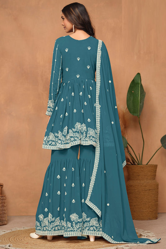 Classic Teal Color Function Wear Georgette Sharara Suit