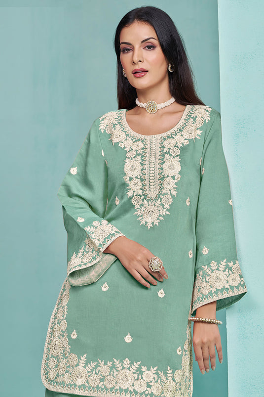 Sea Green Color Art Silk Fabric Embroidered Vintage Sharara Suit