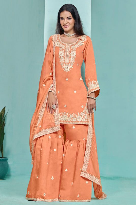 Art Silk Fabric Embroidered Lovely Sharara Suit In Orange Color