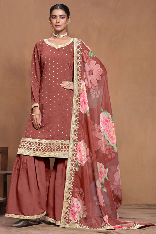 Art Silk Fabric Rust Color Winsome Palazzo Suit With Floral Design Dupatta