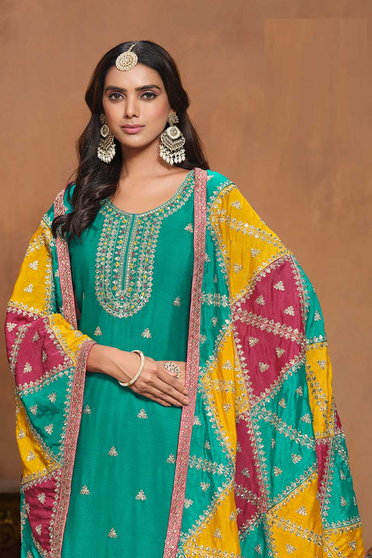 Sea Green Color Chinon Fabric Alluring Festive Wear Salwar Suit