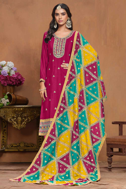 Chinon Fabric Magenta Color Festive Wear Elegant Salwar Suit