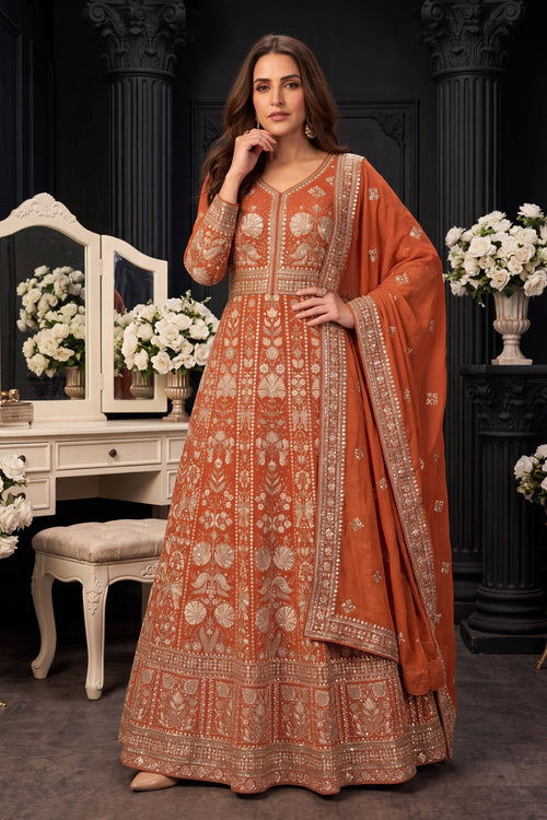 Georgette Rust Embroidered Readymade Anarkali Dress