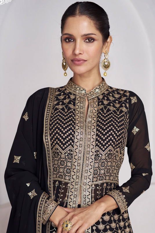 Vartika Singh Black Color Luminous Readymade Georgette Sharara Top Lehenga