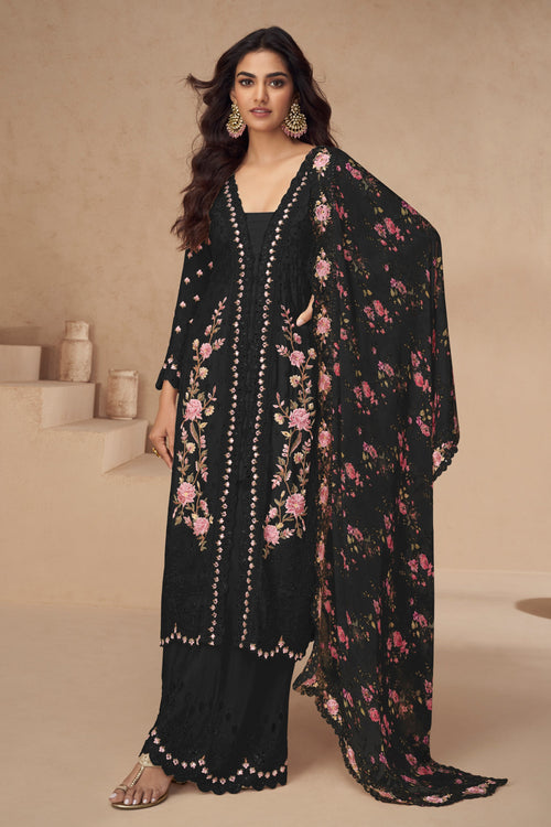 Black Festive Wear Chinon Silk Fabric Designer Palazzo Suit