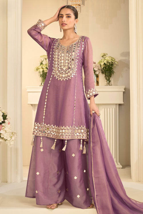 Pink Art Silk Mirror Work Designer Readymade Palazzo Set