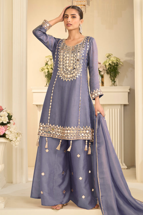 Mirror Work Blue Art Silk Readymade Palazzo Set