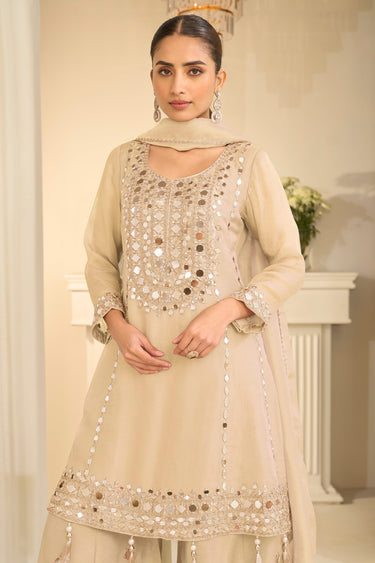 Art Silk Beige Mirror Work Designer Readymade Palazzo Suit
