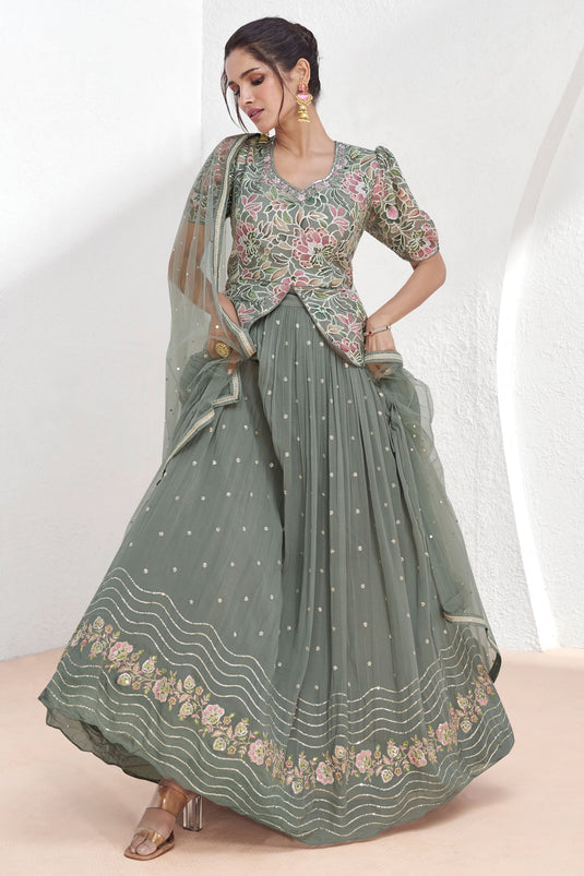 Vartika Singh Georgette Grey Color Beatific Look Readymade Sharara Top Lehenga
