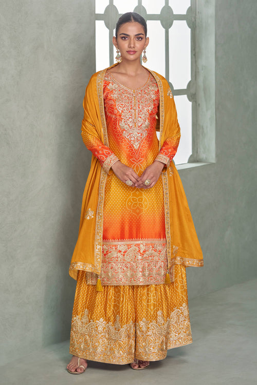 Chinon Silk Embroidered Readymade Palazzo Kurta Set