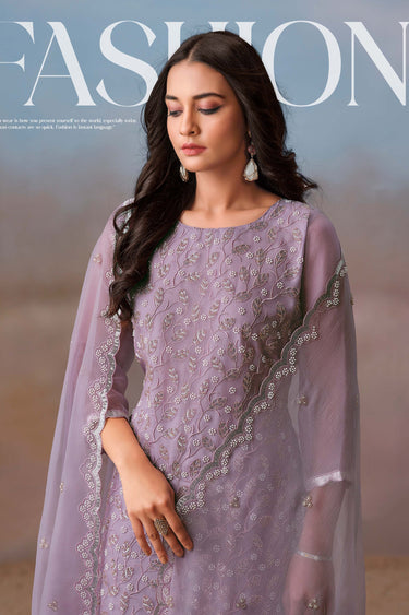 Lavender Color Chiffon Fabric Designer Straight Cut Suit