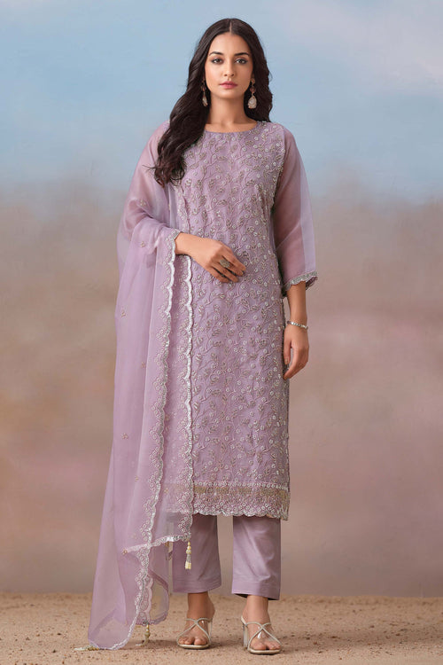 Lavender Color Chiffon Fabric Designer Straight Cut Suit
