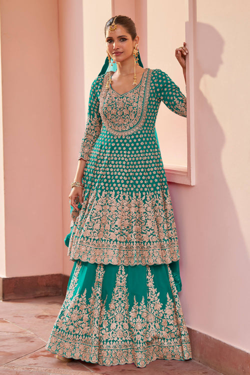 Embroidered Georgette Teal Wedding Wear Readymade Sharara Top Lehenga