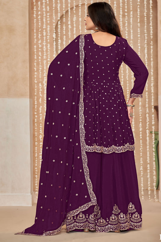 Engaging Purple Color Chinon Fabric Function Wear Palazzo Suit