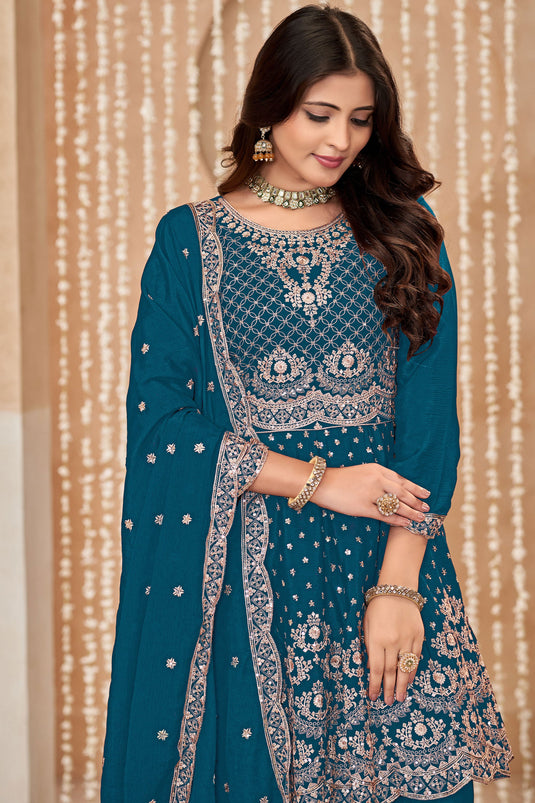 Classic Teal Color Function Wear Palazzo Suit In Chinon Fabric