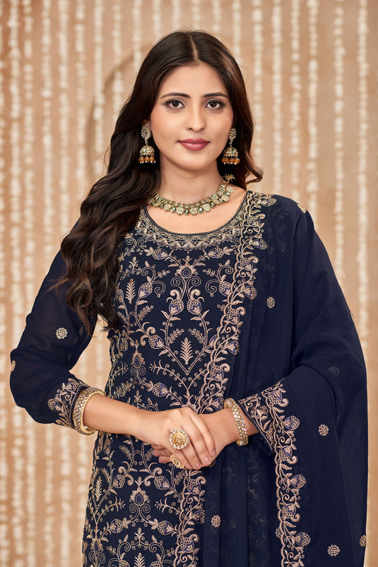 Navy Blue Color Georgette Fabric Function Wear Tempting Salwar Suit