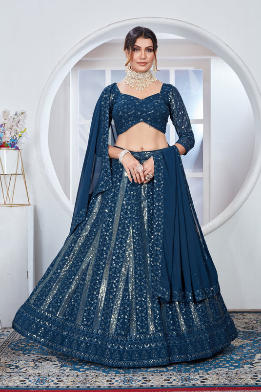 Soothing Sequins Work On Teal Color Georgette Fabric Lehenga