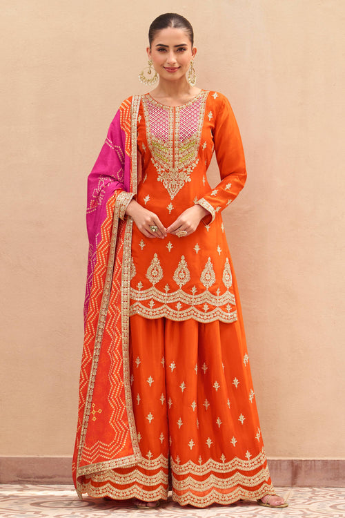 Chinon Silk Orange Readymade Palazzo Set With Neck Dupatta