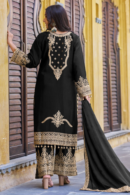 Black Color Chinon Fabric Charming Function Wear Readymade Palazzo Suit