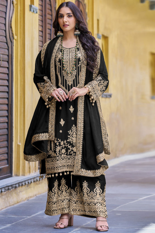 Black Color Chinon Fabric Charming Function Wear Readymade Palazzo Suit