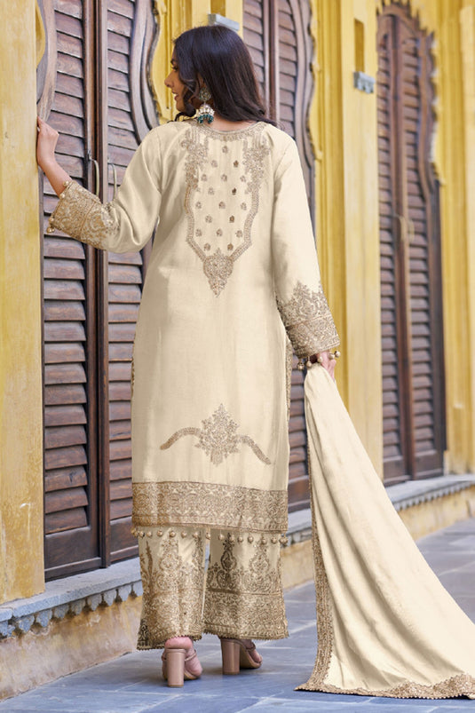 Chinon Fabric Beige Color Attractive Function Wear Readymade Palazzo Suit