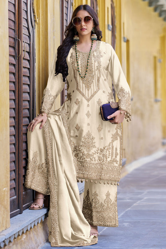 Chinon Fabric Beige Color Attractive Function Wear Readymade Palazzo Suit
