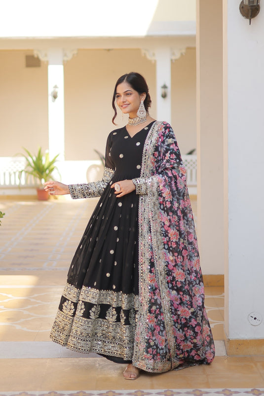 Heavy Georgette Fabric Black Color Readymade Gown WIth Dupatta