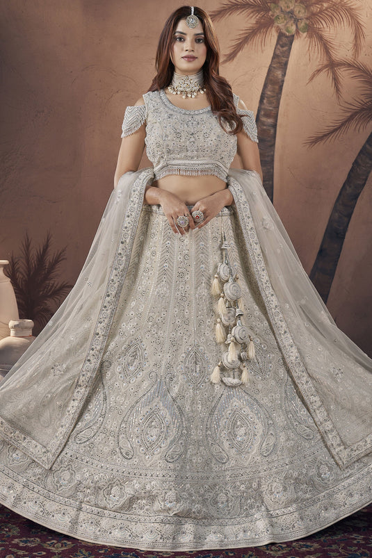 Off White Color Georgette Fabric Sequins Work Glamorous Look Readymade Bridal Lehenga
