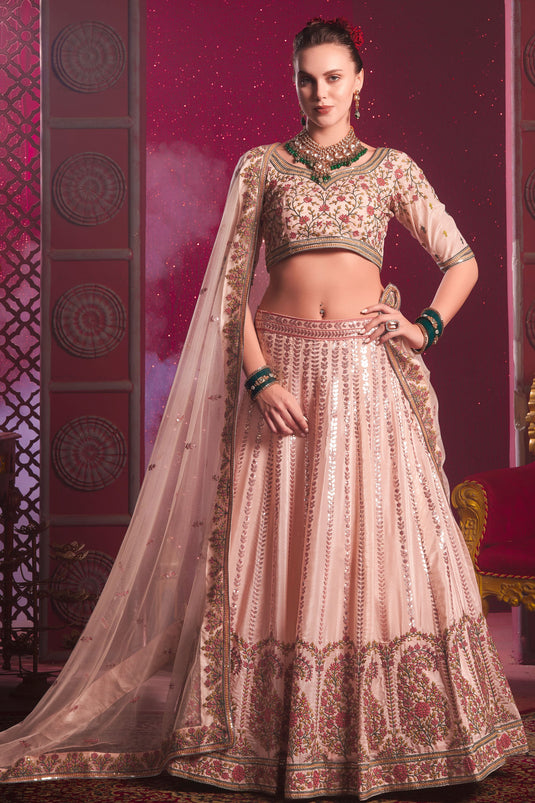 Peach Color Art Silk Fabric Sequins Work Readymade Lehenga For Function