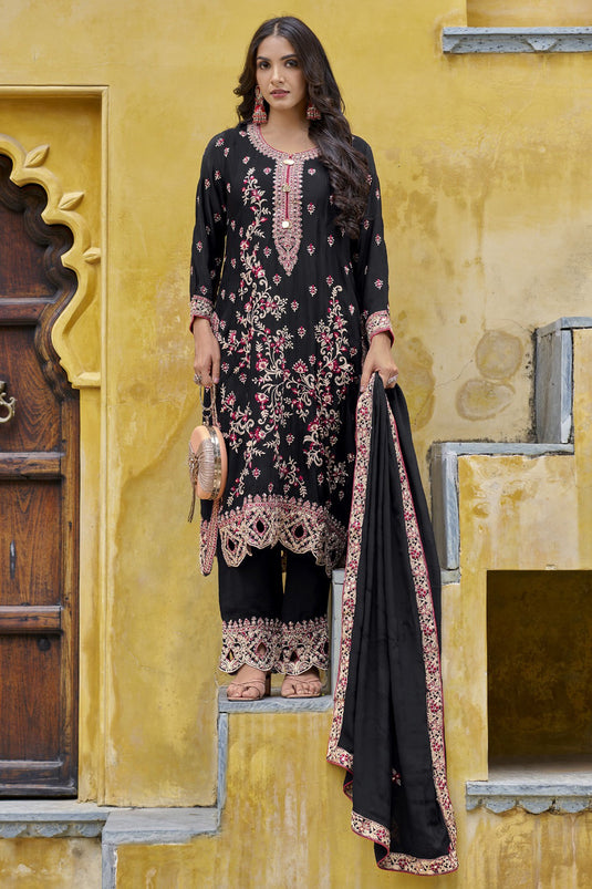 Fascinating Black Color Chinon Fabric Festive Look Palazzo Suit