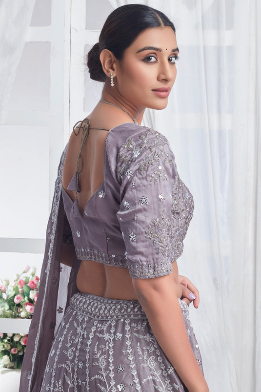 Grey Color Fascinating  Sequins Work Chiffon Fabric Lehenga