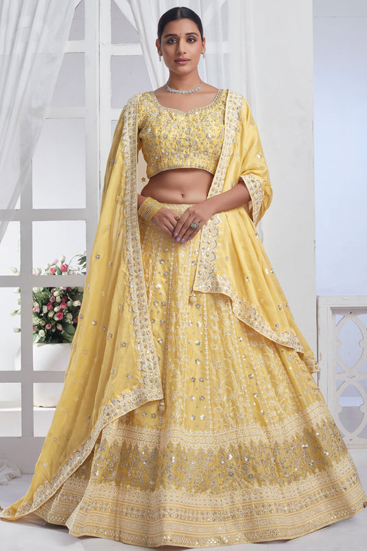 Yellow Color Charismatic Sequins Work Chiffon Fabric Lehenga