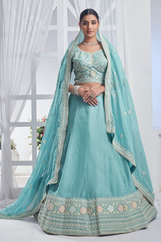 Phenomenal Sequins Work Sky Blue Color Organza Fabric Lehenga