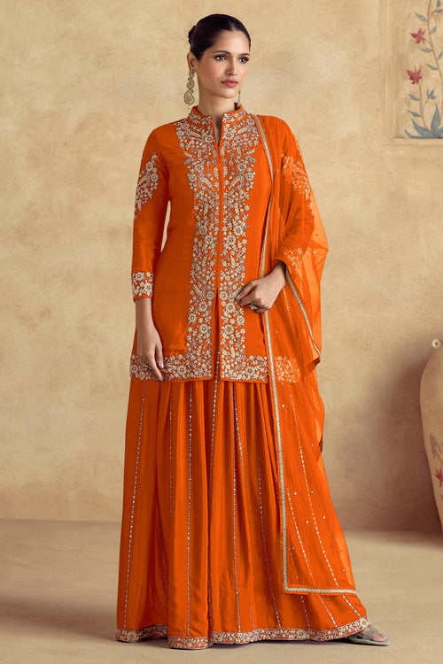 Orange Premium Chinon Silk Embroidered Readymade Palazzo Salwar Kameez