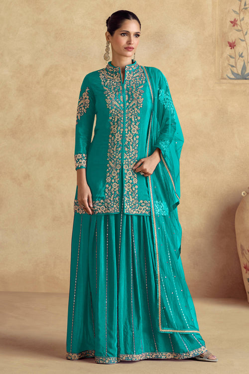 Designer Cyan Chinon Silk Palazzo Suit For Women