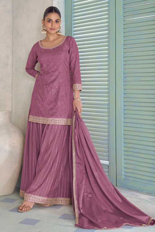 Designer Embroidered Lavender Readymade Top With Palazzo Set