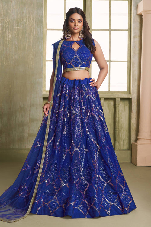 Fancy Blue Net Sequins Work Traditional Sangeet Wear Lehenga Choli