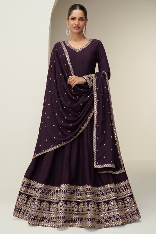 Dark Purple Floor Touch Readymade Anarkali Style Gown With Dupatta
