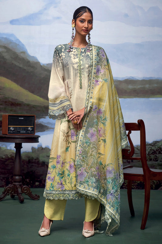 Printed Yellow Pure Linen Function Wear Straight Cut Salwar Suit