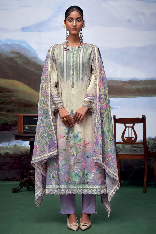 Printed Lavender Straight Cut Suit In Pure Linen Fabric