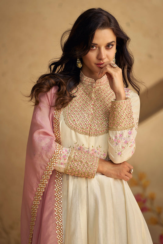 Eugeniya Belousova White Color Art Silk Fabric Alluring Anarkali Suit