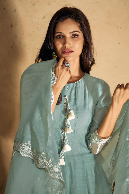 Vartika Singh Light Cyan Color Art Silk Fabric Classic Anarkali Suit