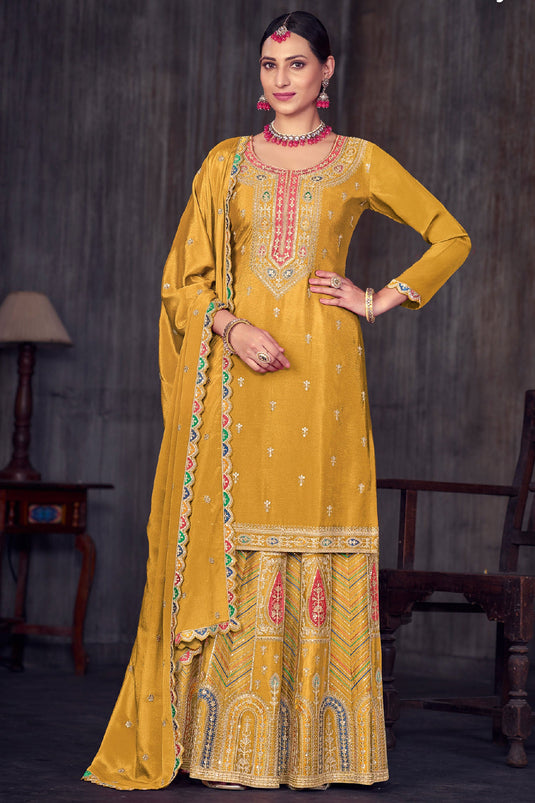 Function Wear Chinon Fabric Embroidered Yellow Color Sharara Top Lehenga